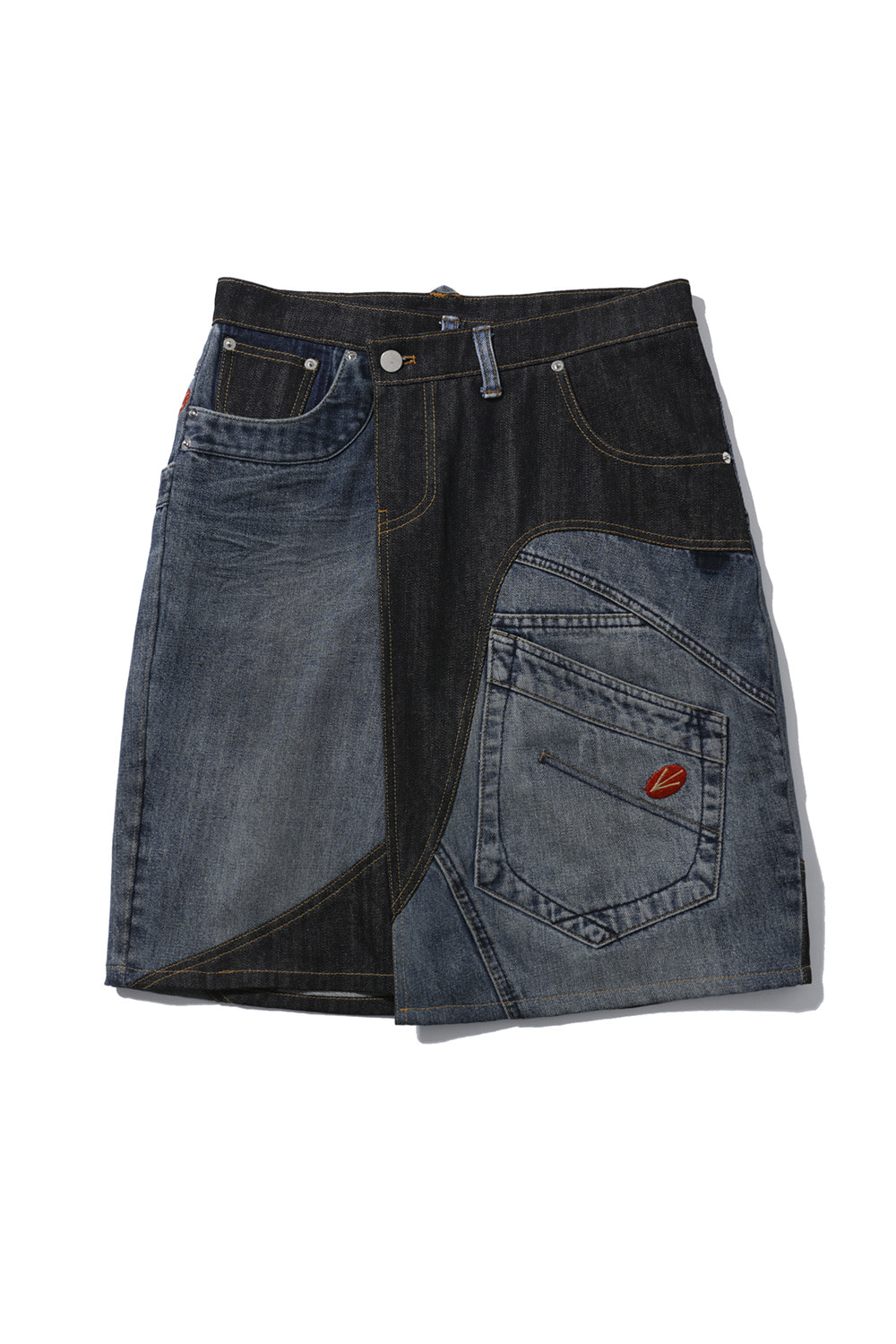 Deconstructed denim back pocket detail skirt